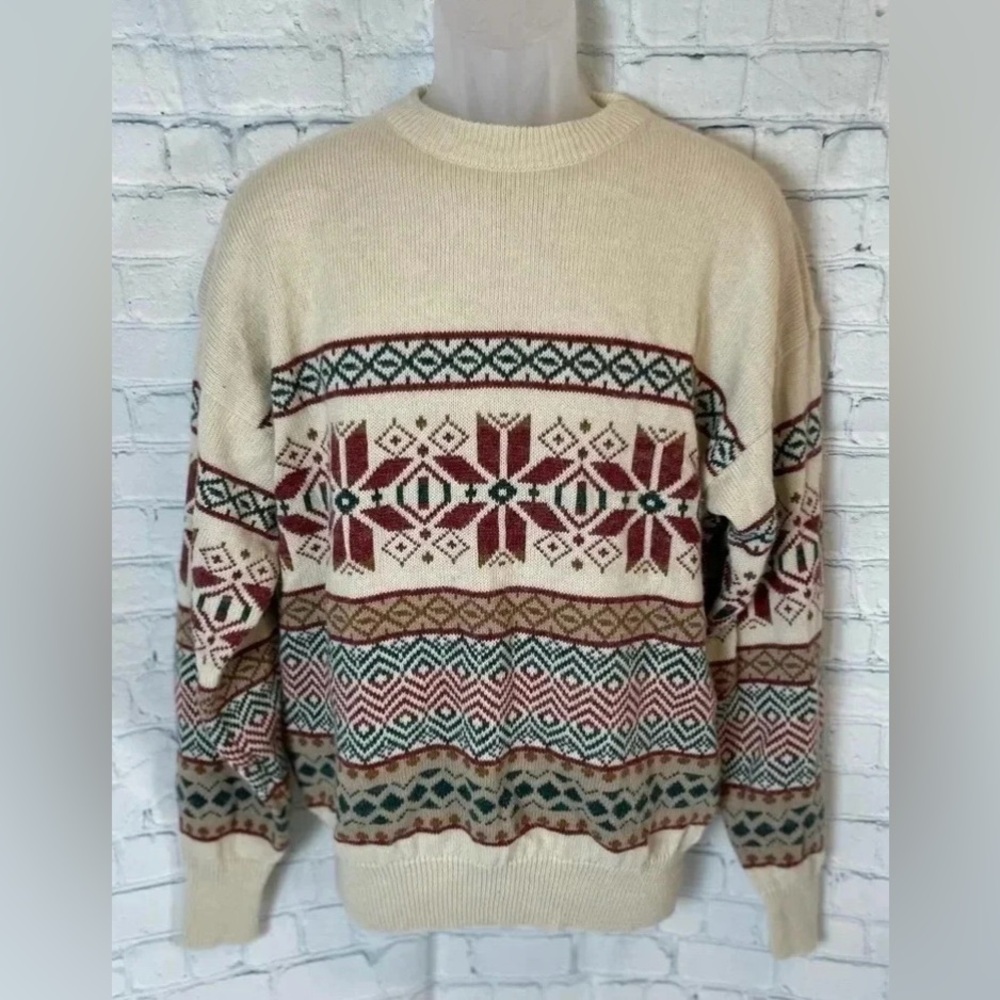 St. Johns Bay Sweater Vintage 90s Nordic Fair Isle Holiday Fall Cream Red Mens M